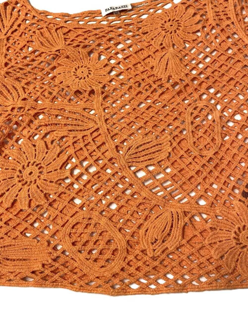 Paparazzi Crochet Mesh Open Knit Top Orange Med Long Sleeve Boho Festival Beach - Picture 11 of 16